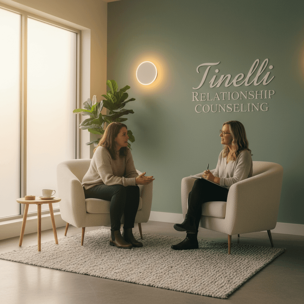 Individual therapy session with empathetic counselor, warm and calming atmosphere.