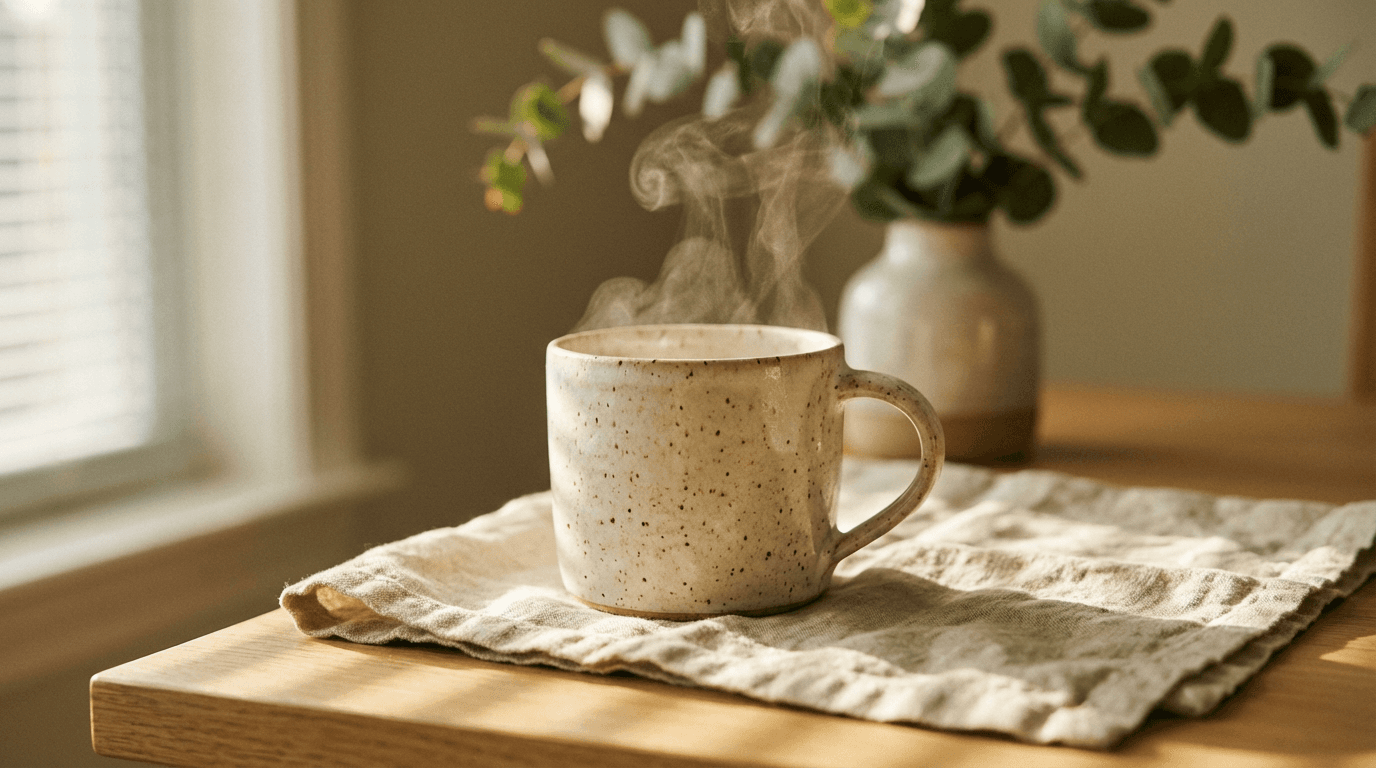 Steaming mug of tea on wooden table with soft window light and shifting shadows, evoking warmth and personalized care.