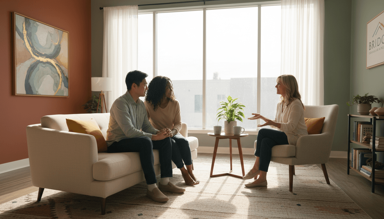 Diverse couple seated together with therapist facilitating meaningful dialogue during couples counseling session in naturally lit office