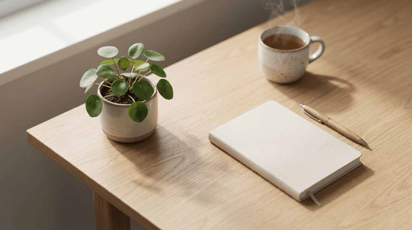 Minimalist desk with green plant, journal, pen, and tea cup in soft natural light with shifting shadows.